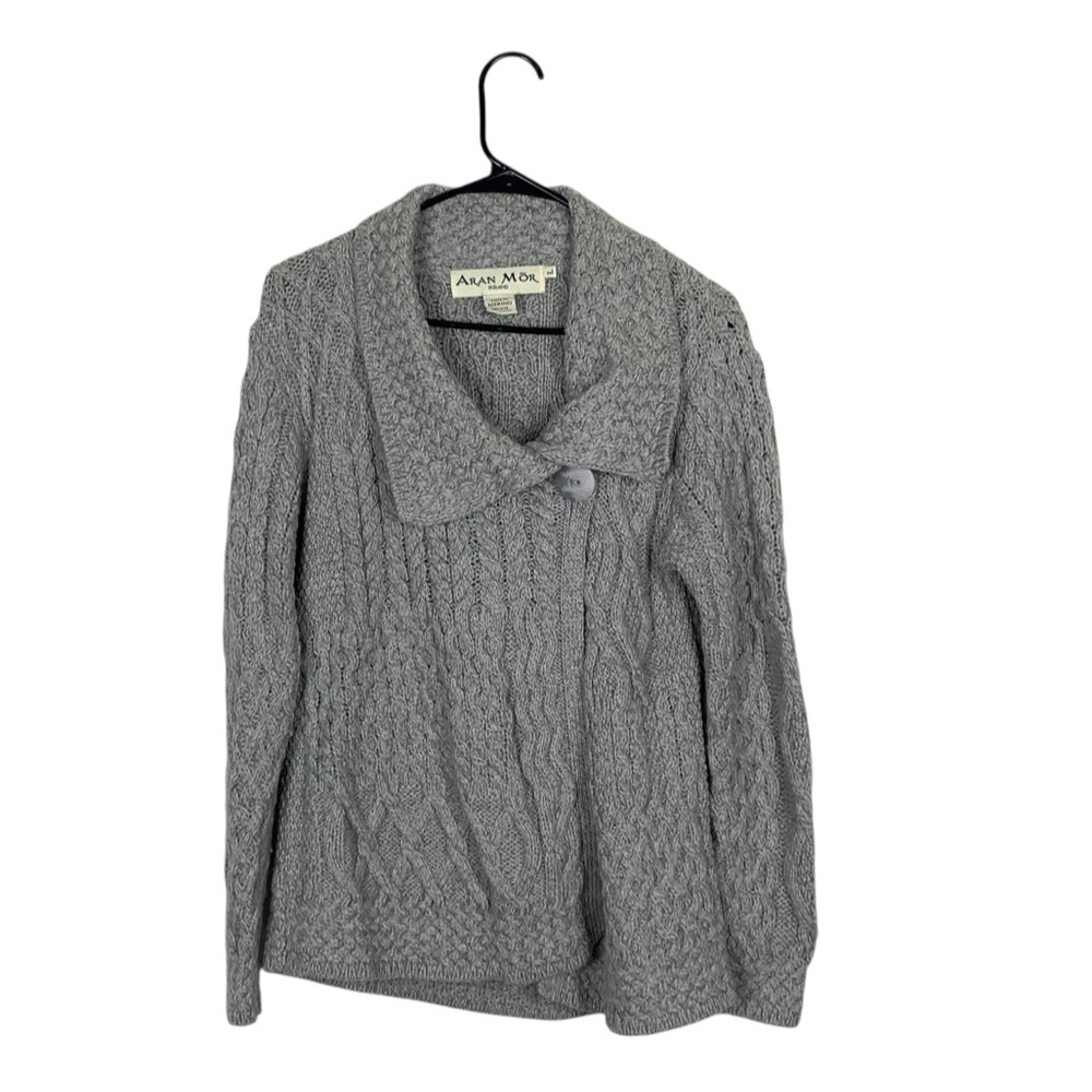 Aran Mor Ireland 100% merino wool gray knit sweater cardigan size large